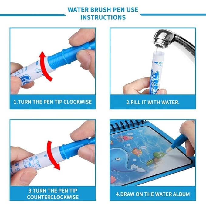 Toy Imagine™ Magic Water Doodle Book for Kids | Reusable Water Colouring Drawing Pad with Pen | Educational Activity Toy for Boys & Girls Ages 2-8 | Return Gift, Travel Game, Learning Toy (1 Pack)