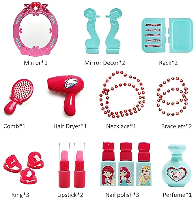Fun express Beauty Makeup Kit for Doll Girls Cosmetic Set 2 in 1 Vanity Table Portable Trolley Pretend Play Set Toy with Make up Accessories for Kids Plastic