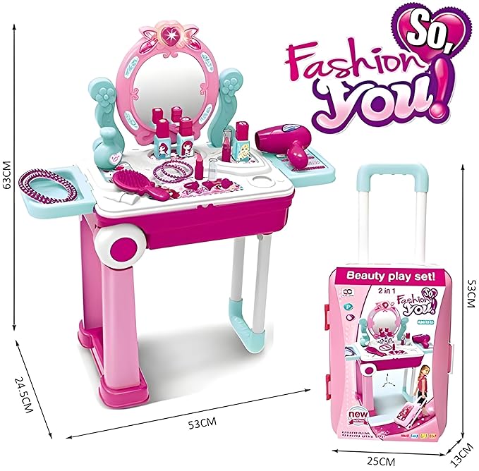 Fun express Beauty Makeup Kit for Doll Girls Cosmetic Set 2 in 1 Vanity Table Portable Trolley Pretend Play Set Toy with Make up Accessories for Kids Plastic