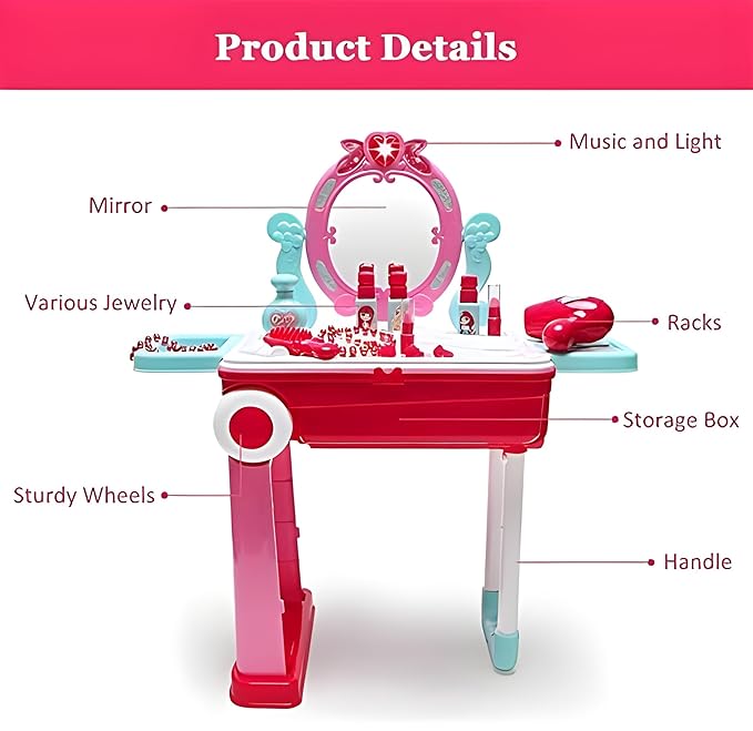Fun express Beauty Makeup Kit for Doll Girls Cosmetic Set 2 in 1 Vanity Table Portable Trolley Pretend Play Set Toy with Make up Accessories for Kids Plastic