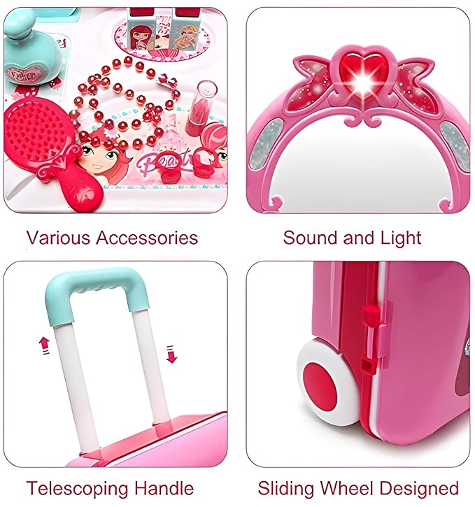 Fun express Beauty Makeup Kit for Doll Girls Cosmetic Set 2 in 1 Vanity Table Portable Trolley Pretend Play Set Toy with Make up Accessories for Kids Plastic