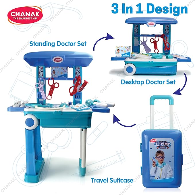 Chanak Premium Doctor Set Trolley for Kids with LED Light Instruments, Pretend Play Doctor Set Trolley for Kids Above 3 Years, Doctor Kit for Boys & Girls, BIS Approved. (Blue Trolley)