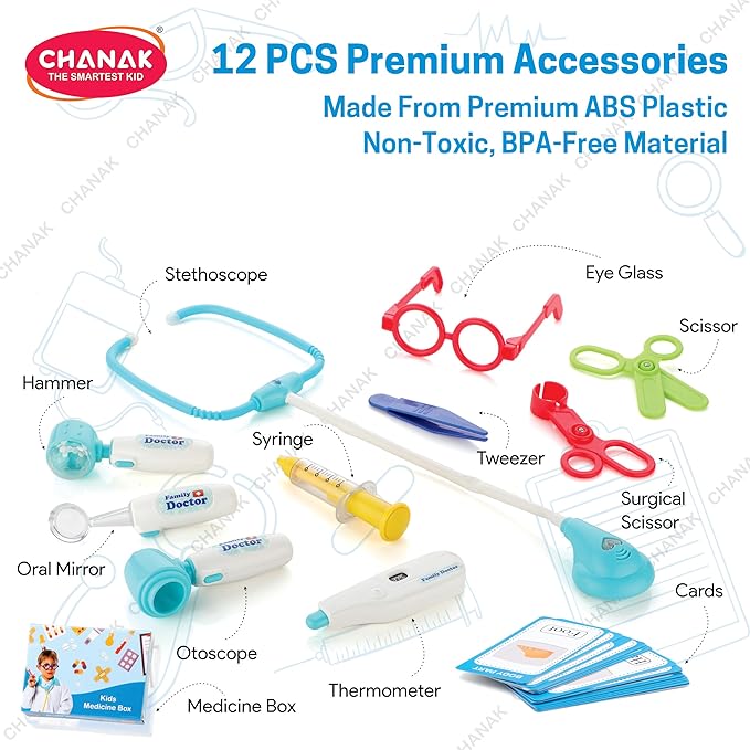 Chanak Premium Doctor Set Trolley for Kids with LED Light Instruments, Pretend Play Doctor Set Trolley for Kids Above 3 Years, Doctor Kit for Boys & Girls, BIS Approved. (Blue Trolley)