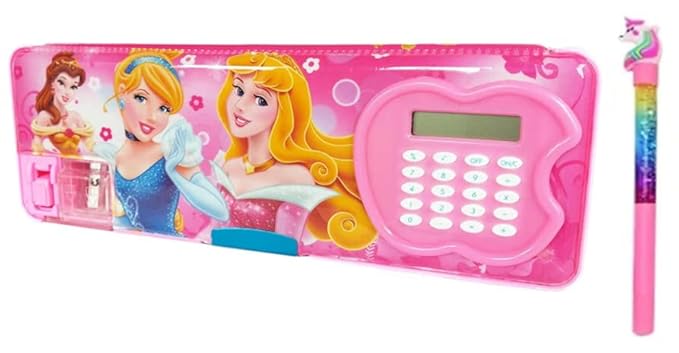 YBN Plastic Multipurpose Magnetic Geometry Pencil Box With Calculator And Dual Sharpener For Girls & Kids For Big Size Cartoon Printed Pencil Case With Unicorn Glitter Pen (Princess Pink)