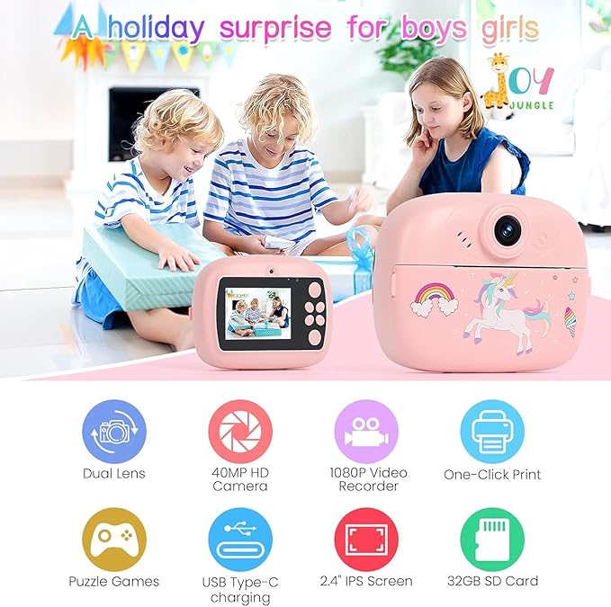 JOYJUNGLE Instant Print Camera for Kids, Dual Selfie Digital Camera with 1080P HD Videos Recoding, 48 MP Instant Photo Printer for Boys and Girls (Color) (Blue)