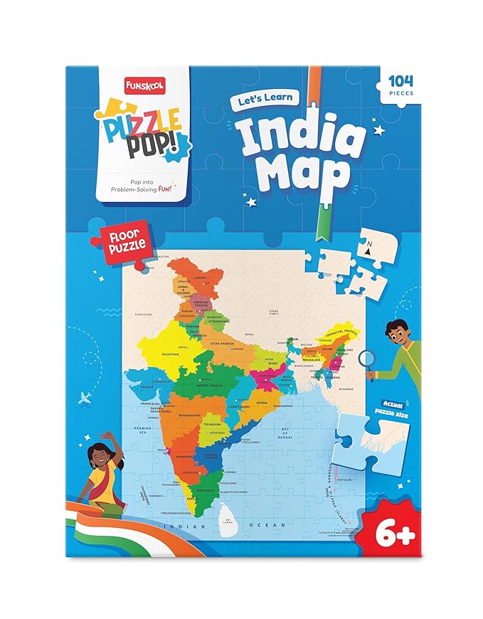 Play & Learn Funskool India Map, Jigsaw Puzzle Game for Kids, 104 Pieces, Educational, Learning & Development, Fun Activity Toy for Childrens, Gift Set for Kid, Age 6+ Years