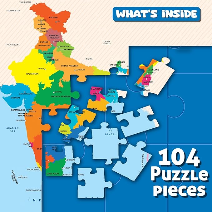 Play & Learn Funskool India Map, Jigsaw Puzzle Game for Kids, 104 Pieces, Educational, Learning & Development, Fun Activity Toy for Childrens, Gift Set for Kid, Age 6+ Years