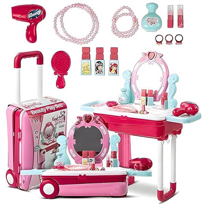 Fun express Beauty Makeup Kit for Doll Girls Cosmetic Set 2 in 1 Vanity Table Portable Trolley Pretend Play Set Toy with Make up Accessories for Kids Plastic