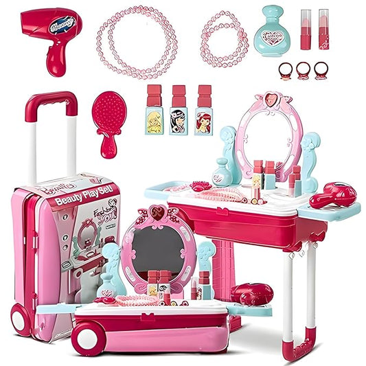 Fun express Beauty Makeup Kit for Doll Girls Cosmetic Set 2 in 1 Vanity Table Portable Trolley Pretend Play Set Toy with Make up Accessories for Kids Plastic