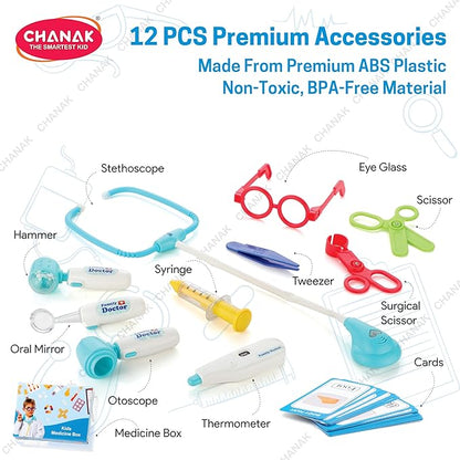 Chanak Premium Doctor Set Trolley for Kids with LED Light Instruments, Pretend Play Doctor Set Trolley for Kids Above 3 Years, Doctor Kit for Boys & Girls, BIS Approved. (Blue Trolley)