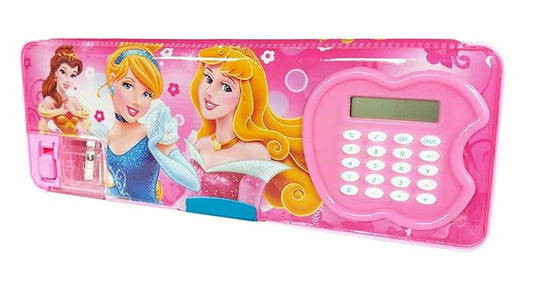YBN Plastic Multipurpose Magnetic Geometry Pencil Box With Calculator And Dual Sharpener For Girls & Kids For Big Size Cartoon Printed Pencil Case With Unicorn Glitter Pen (Princess Pink)