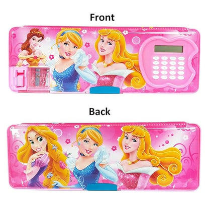 YBN Plastic Multipurpose Magnetic Geometry Pencil Box With Calculator And Dual Sharpener For Girls & Kids For Big Size Cartoon Printed Pencil Case With Unicorn Glitter Pen (Princess Pink)