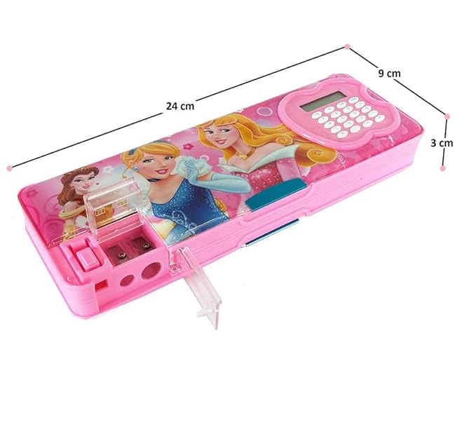 YBN Plastic Multipurpose Magnetic Geometry Pencil Box With Calculator And Dual Sharpener For Girls & Kids For Big Size Cartoon Printed Pencil Case With Unicorn Glitter Pen (Princess Pink)